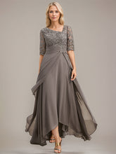A-line Asymmetrical Asymmetrical Lace Chiffon Mother of the Bride Dress With Pleated Sequins